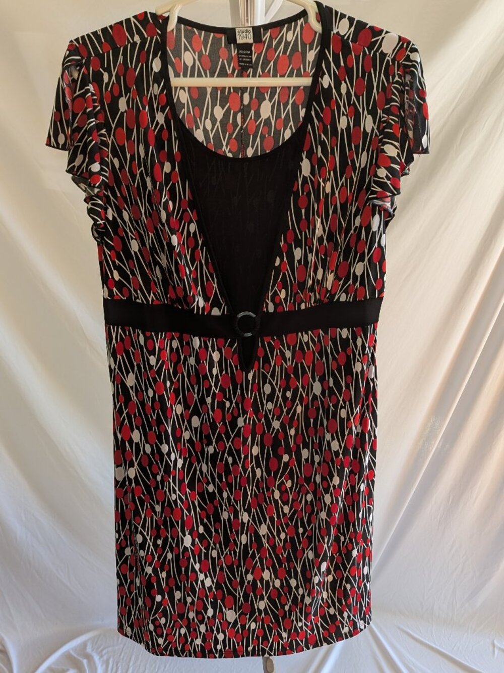 Studio 1940 Black Red White Geometric Dot Ring Accent Dress